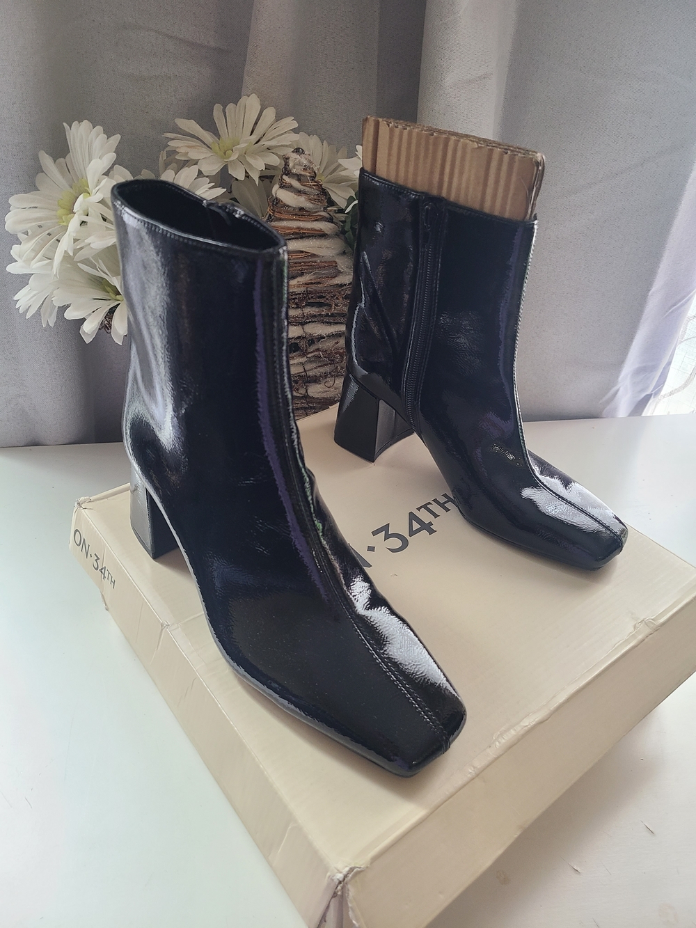 Patent Black Square-Toe Ankle Booties with Block Heel
